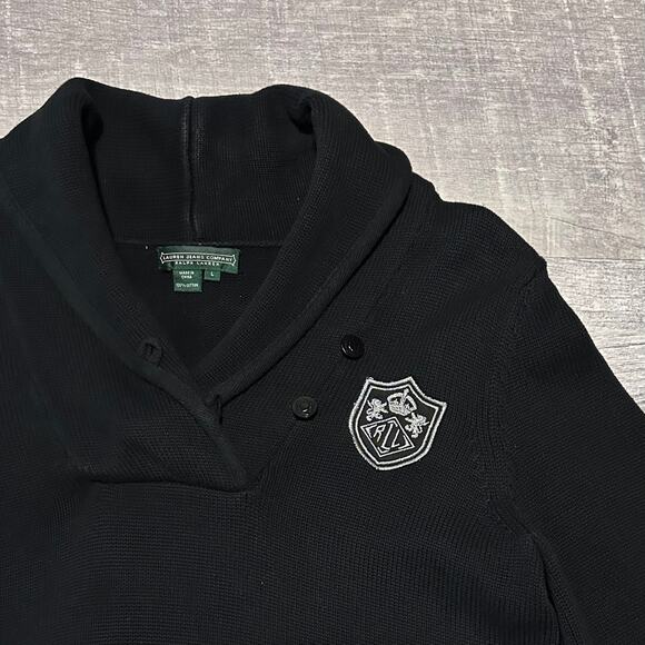 Lauren Jeans Co Shawl Collar Black Sweater Womens L Cotton Embroidered Crest - Picture 6 of 7